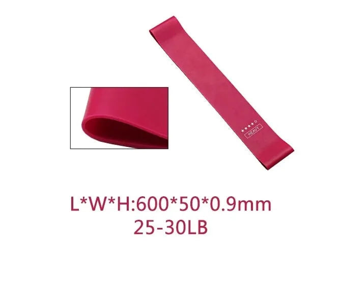 Five pink gradient latex yoga tension bands laid flat showing increasing resistance levels from light pink to rose red