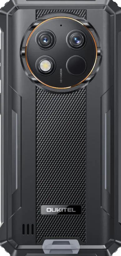 OUKITEL G1 mobile phone in grey, green and orange colours with included charger