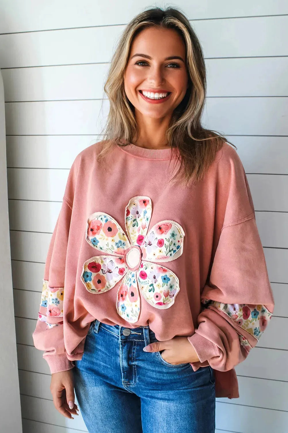 Peach Blossom pink floral applique baggy pullover sweatshirt for women loose fit long sleeves