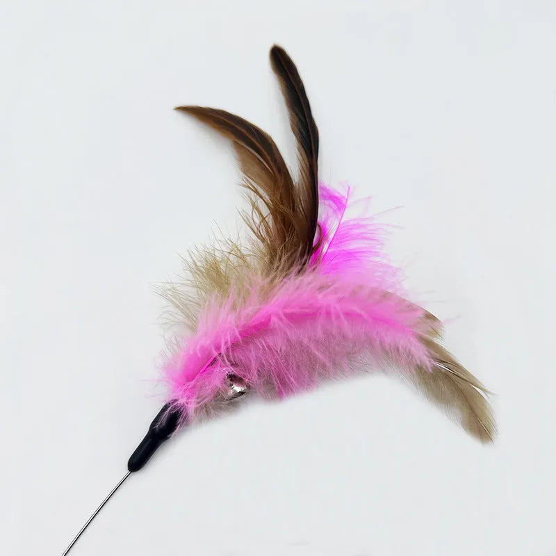 Collar-mounted cat toy with steel wire teaser, feather and bell elements, adjustable plastic collar for 17-27cm neck cats
