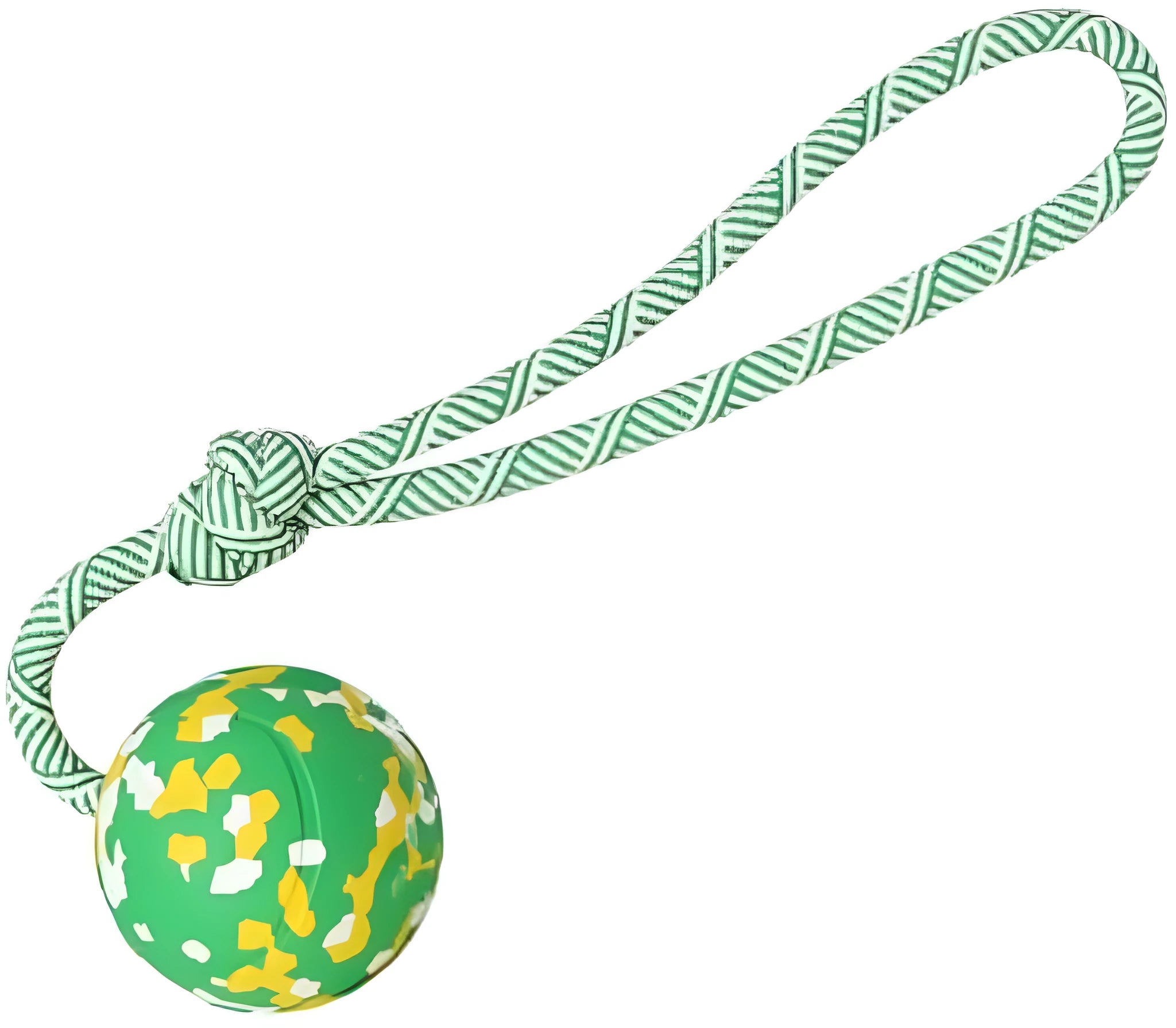 Natural rubber dog ball attached to a blue nylon rope for fetch and tug-of-war games.