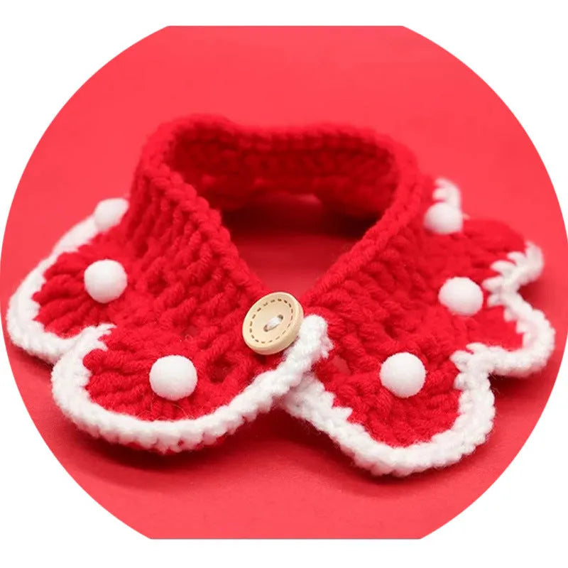 Red wool knitted pet saliva towel bib with bowknot pattern for small animals