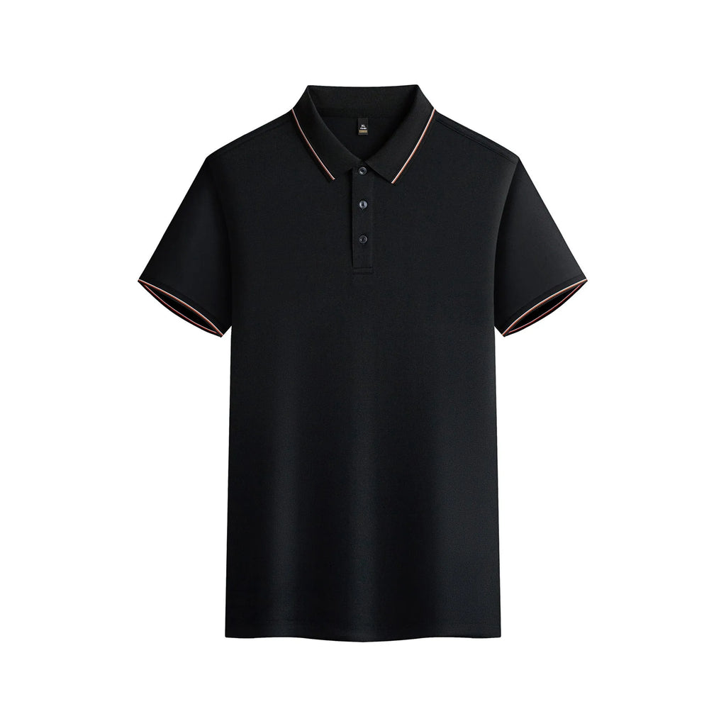 Men's solid colour quick-dry polyester polo shirt in navy blue with short sleeves