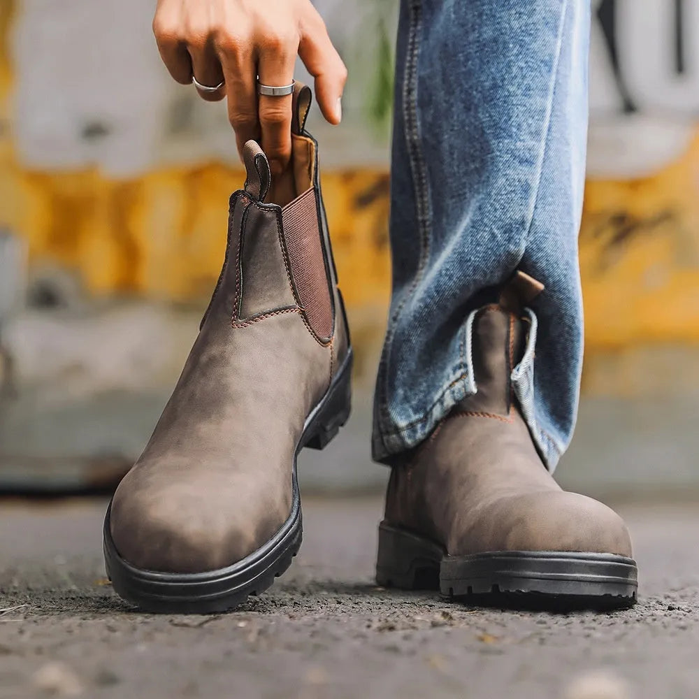 Brown vintage-style unisex Chelsea boots with a frosted finish and round toe.