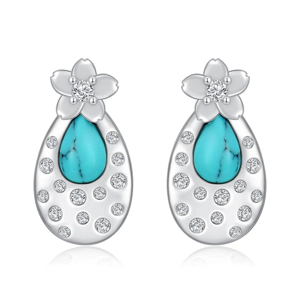 Turquoise cherry blossom 925 sterling silver stud earrings with cubic zirconia, white gold plated