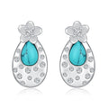 Turquoise cherry blossom 925 sterling silver stud earrings with cubic zirconia, white gold plated
