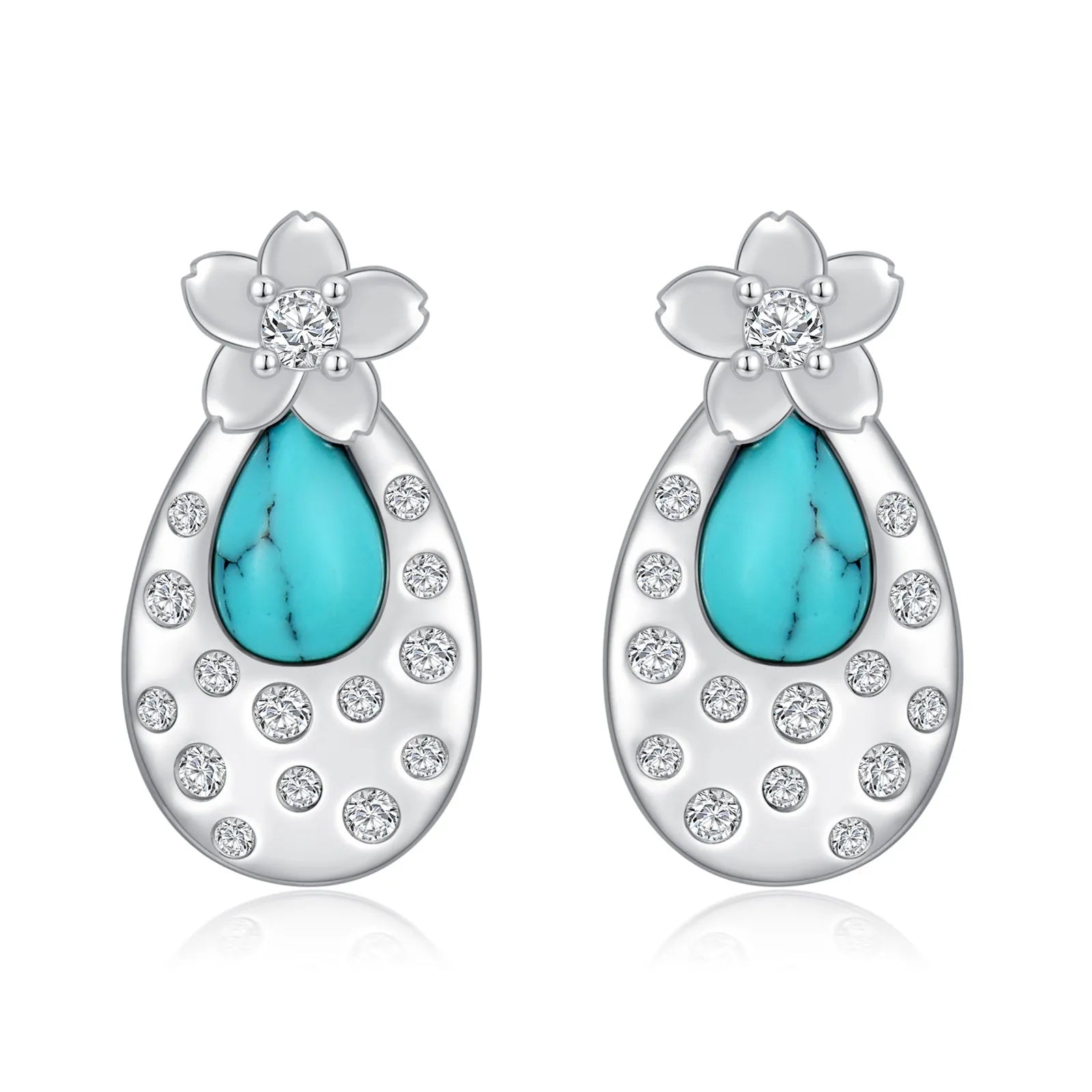 Turquoise cherry blossom 925 sterling silver stud earrings with cubic zirconia, white gold plated