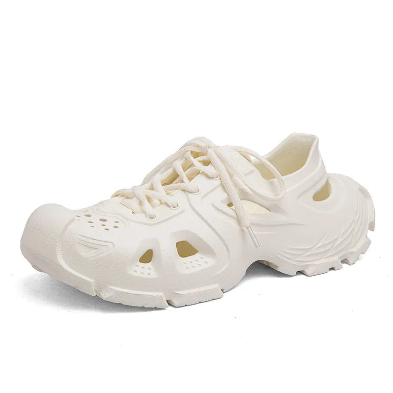 Men's black lace-up outdoor sports sandals with a non-slip EVA sole and round toe.