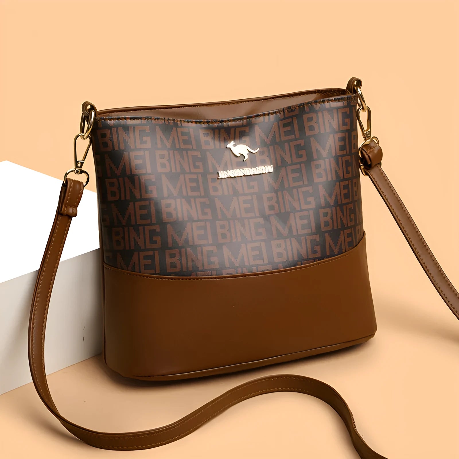 Brown retro messenger bag with soft leather texture showing interior phone and file compartments