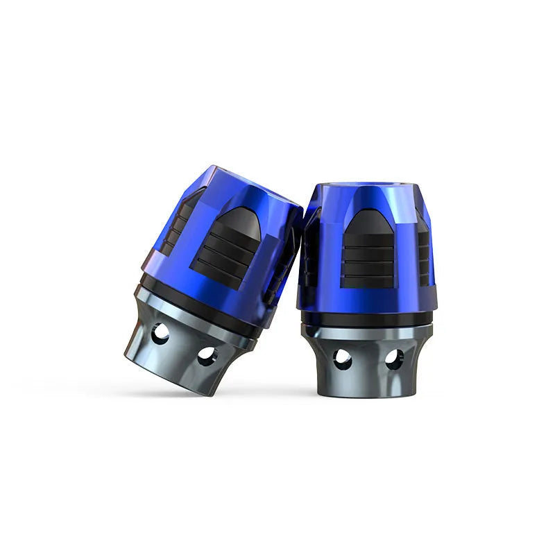 Pair of CNC-machined aluminium anti-drop fork cups for motorcycle and electric car front axles, shown in a coloured anodised finish.