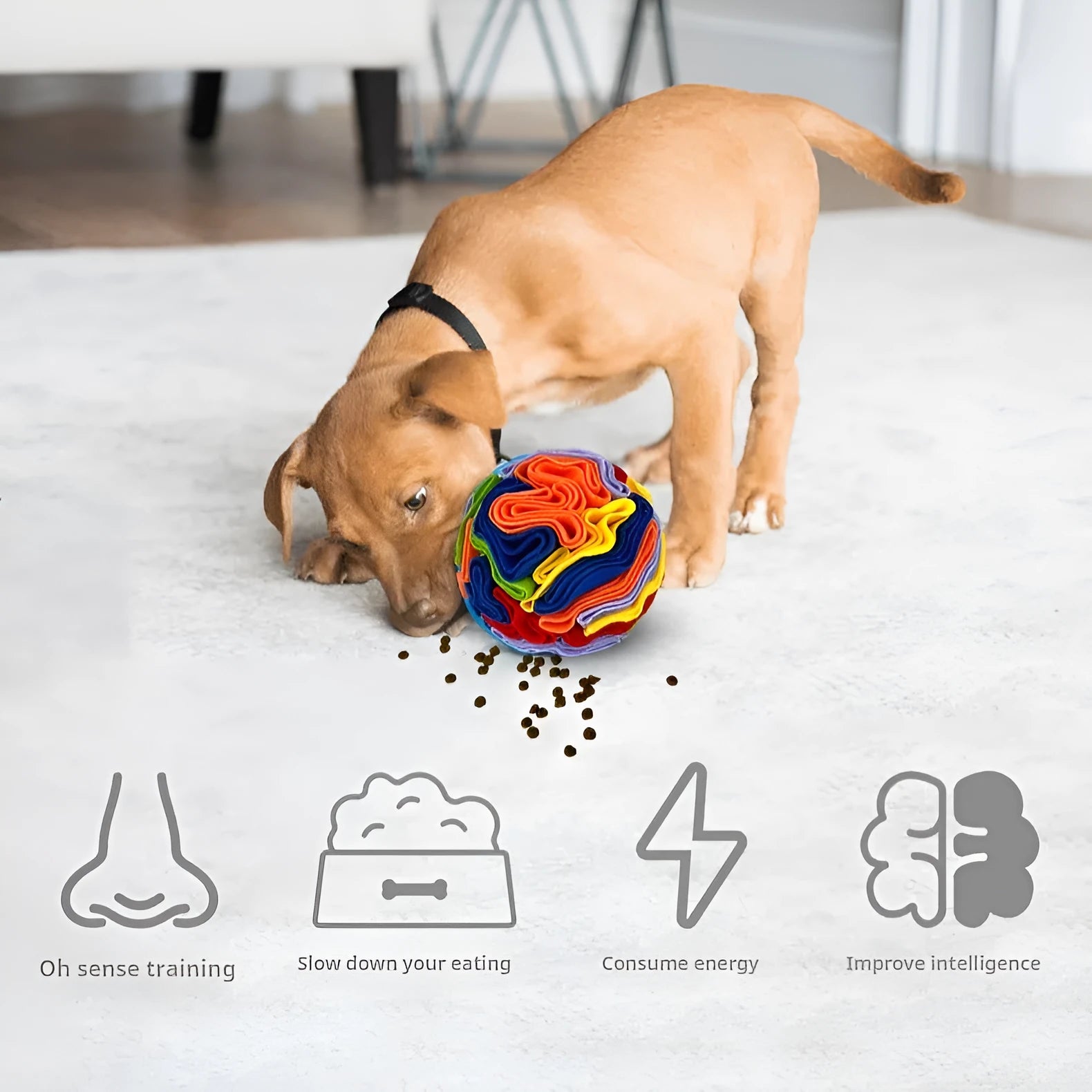 Polar fleece pet sniffing toy ball in rainbow colour for dogs, 10cm diameter, on white background