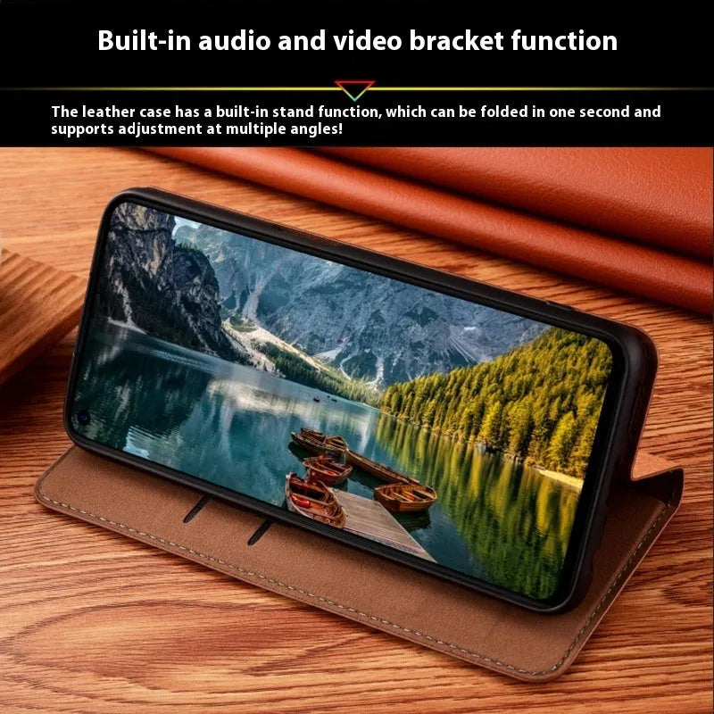 Genuine leather flip phone case for iPhone with embossed texture and magnetic closure