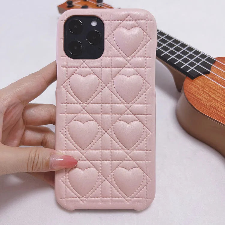 Leather silicone iPhone case with heart and plaid pattern in milk blue, pink or black