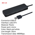 Black USB 3.0 hub with four ports, LED indicators, and a 30 cm attached cable on a desk.