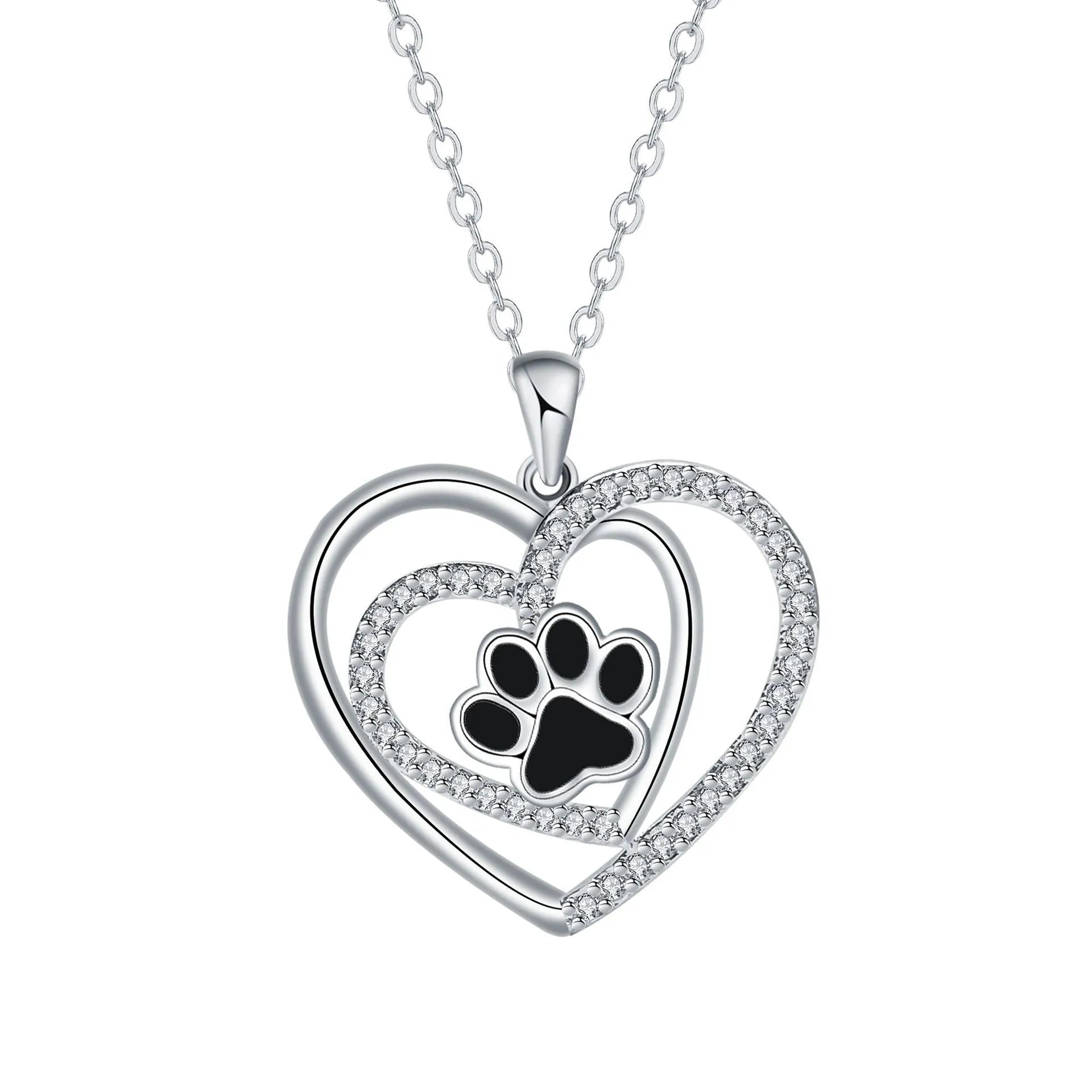Women's copper dog paw print heart necklace on a cross chain.