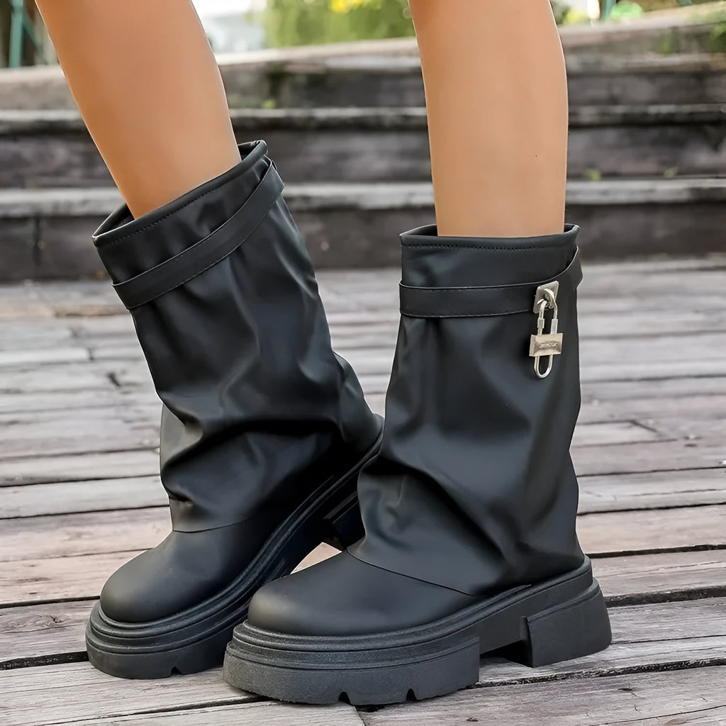 Black women's thick-soled Martin boots with side zipper, round toe, mid heel, synthetic leather upper, cotton lining