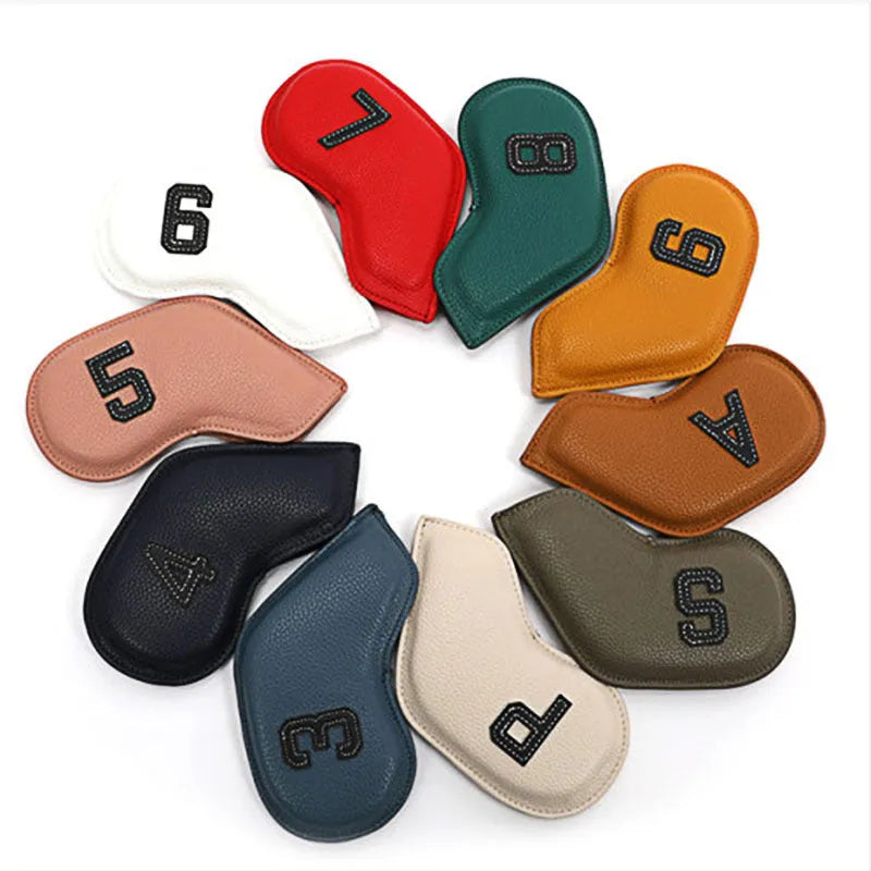 Set of 10 digitally printed PU leather golf club head covers in assorted colours.