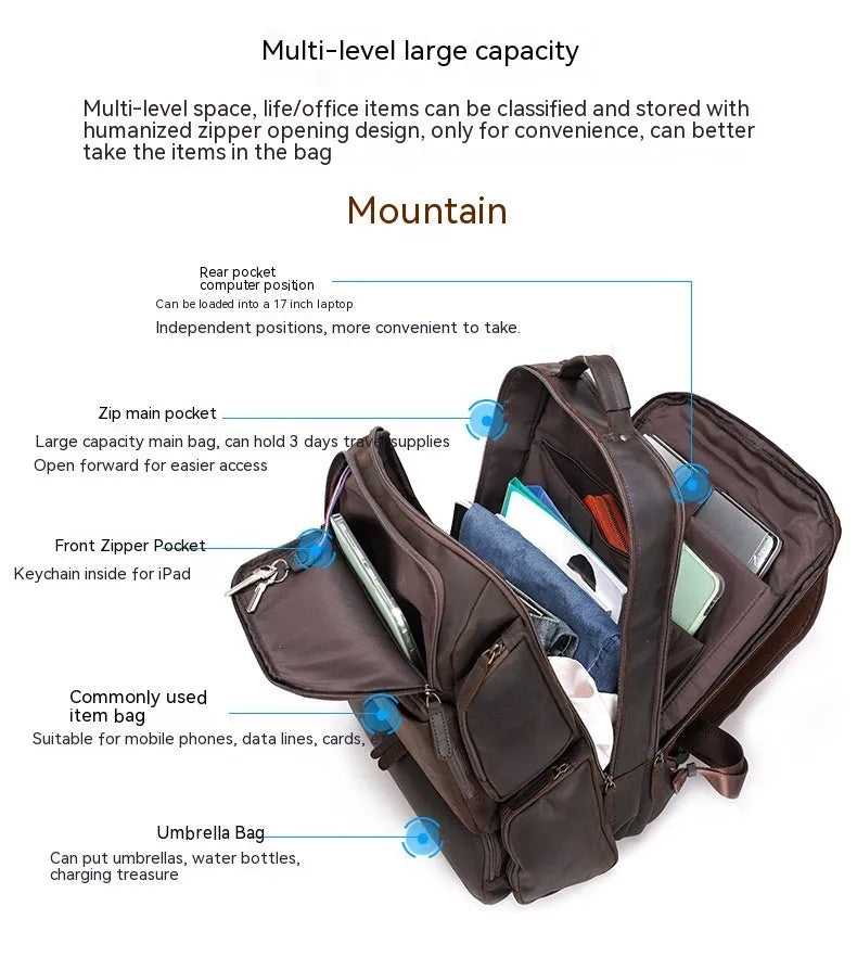 Dark brown retro crazy horse leather men's backpack showing external pockets and internal organiser for a 17-inch laptop.