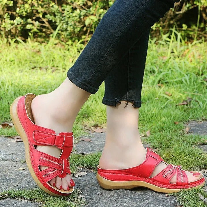Women's wedge sandals with peep toe design and Velcro strap fastening