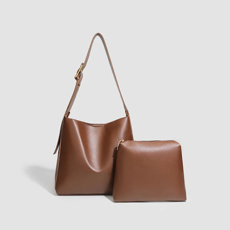 Retro textured Maillard tote bag in brown PU with visible sewing thread detailing and three-dimensional outer pocket