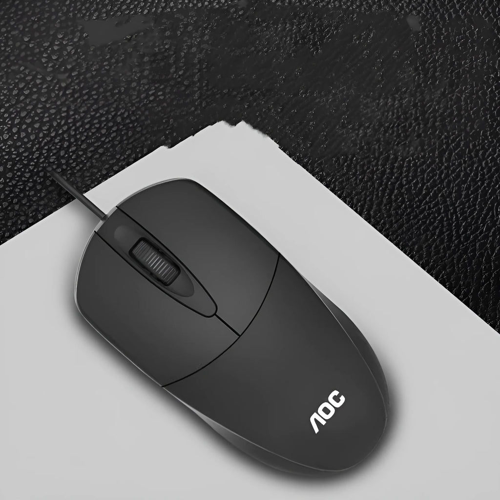 Black AOC-MS121 wired USB optical mouse on a desk for office use