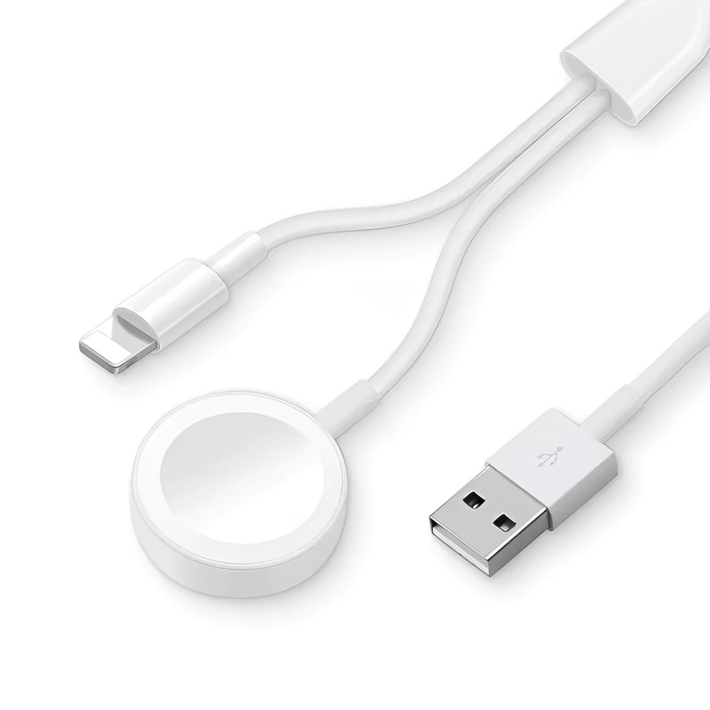 White two-in-one wireless charging device for watches with USB connector