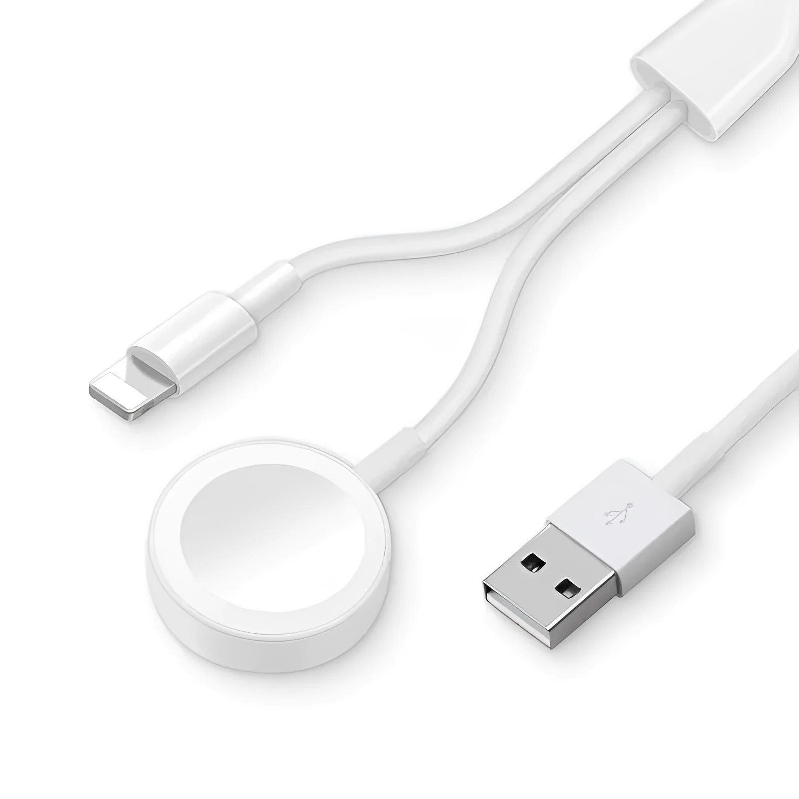 White two-in-one wireless charging device for watches with USB connector