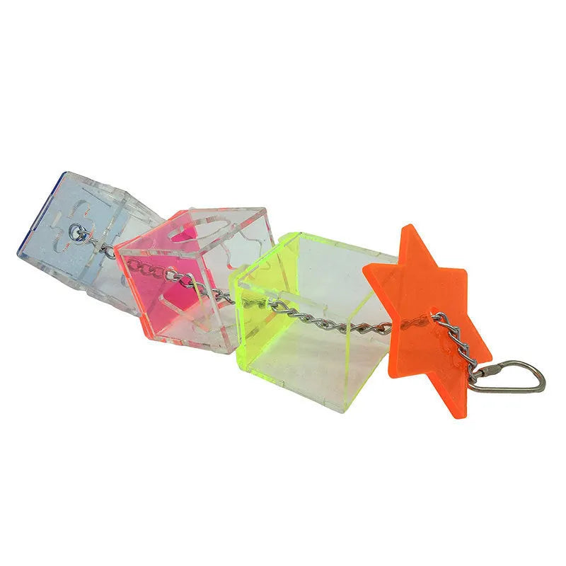Clear acrylic parrot foraging toy measuring 5cm by 32cm for bird food and treats