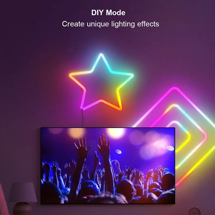3 metre long USB RGB neon light strip with remote control on a white background.