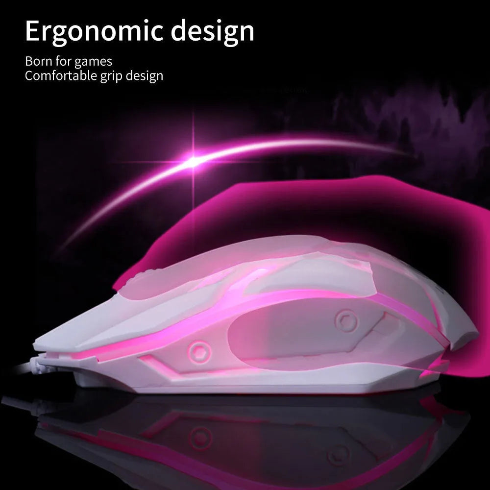 Black and white luminous wired optical mouse with USB cable on a desk