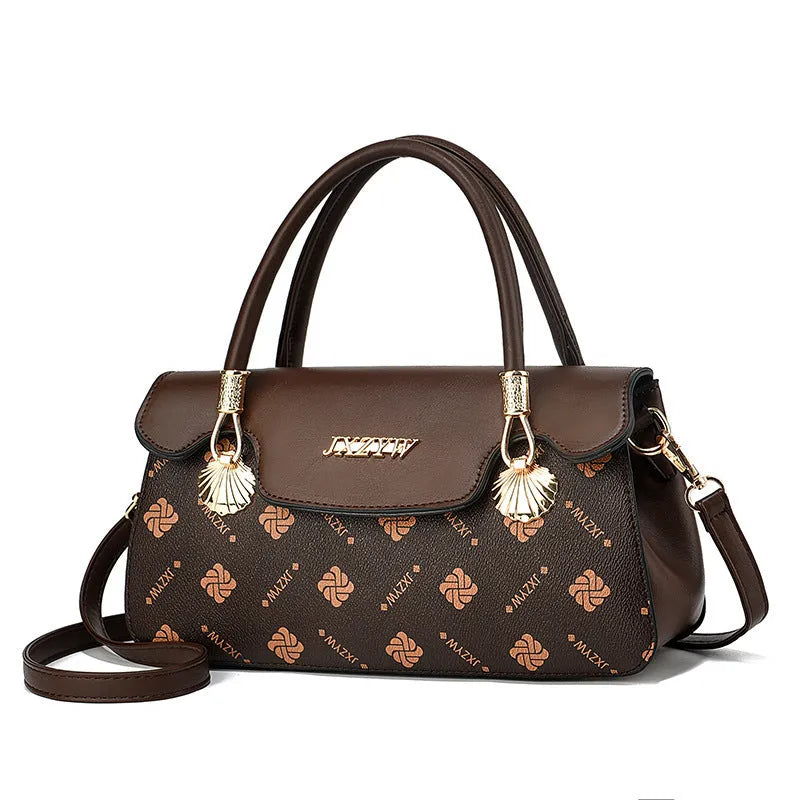 Vintage letter-printed women's cross-body bag in PU leather, brown colour, 28x9x15cm size