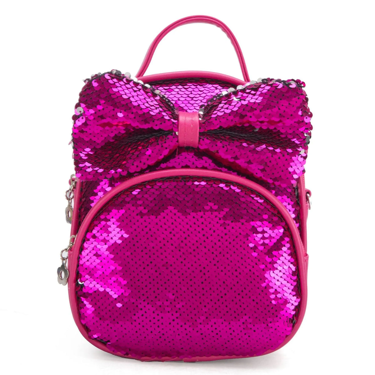 Children's sequined cartoon backpack with bow pattern, padded shoulder strap and soft carry handle, 18x9x21cm.