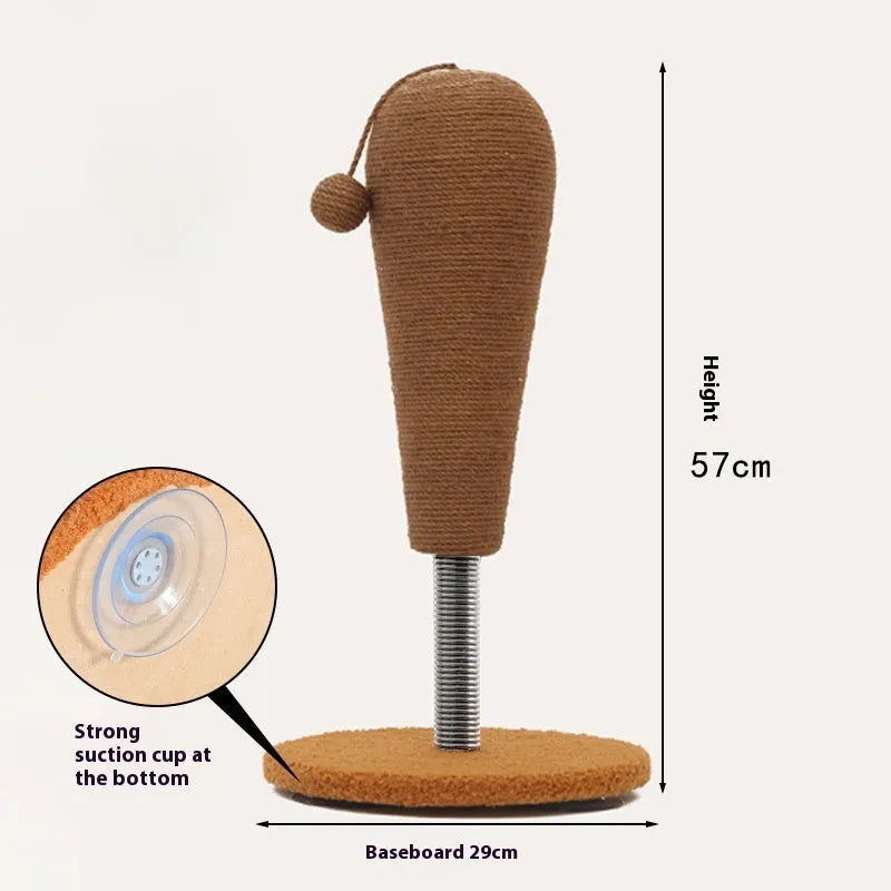 A cat scratch board made of coiled hemp rope with an attached wooden tumbler toy, shown in a simple, natural style.