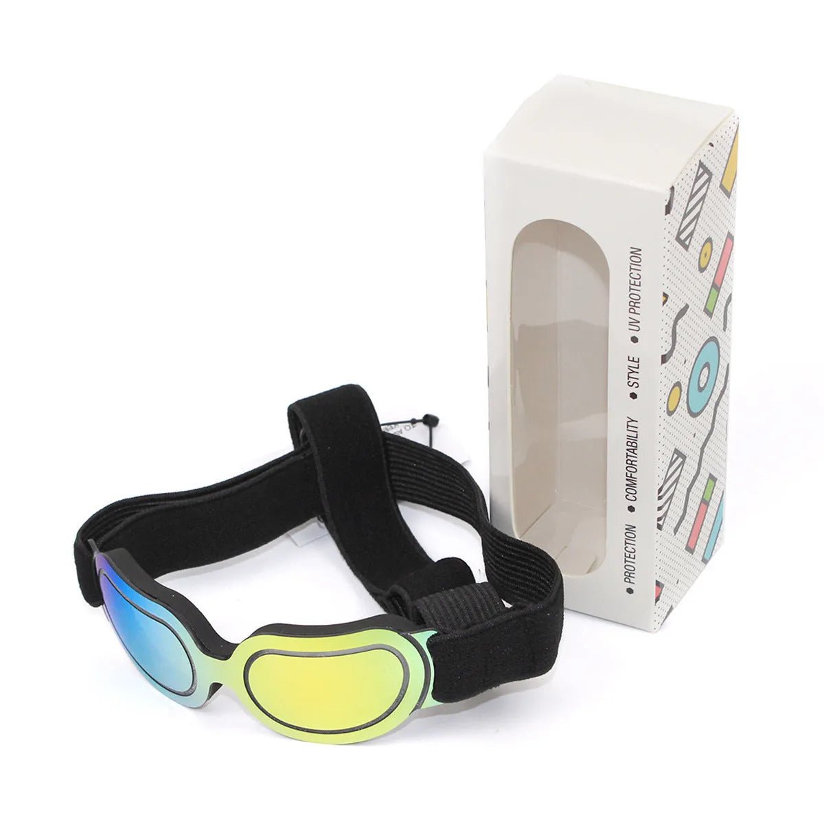 Colourful pet sunglasses for dogs and cats with PC frame, shown in Dazzle, black, blue, and silver colourways