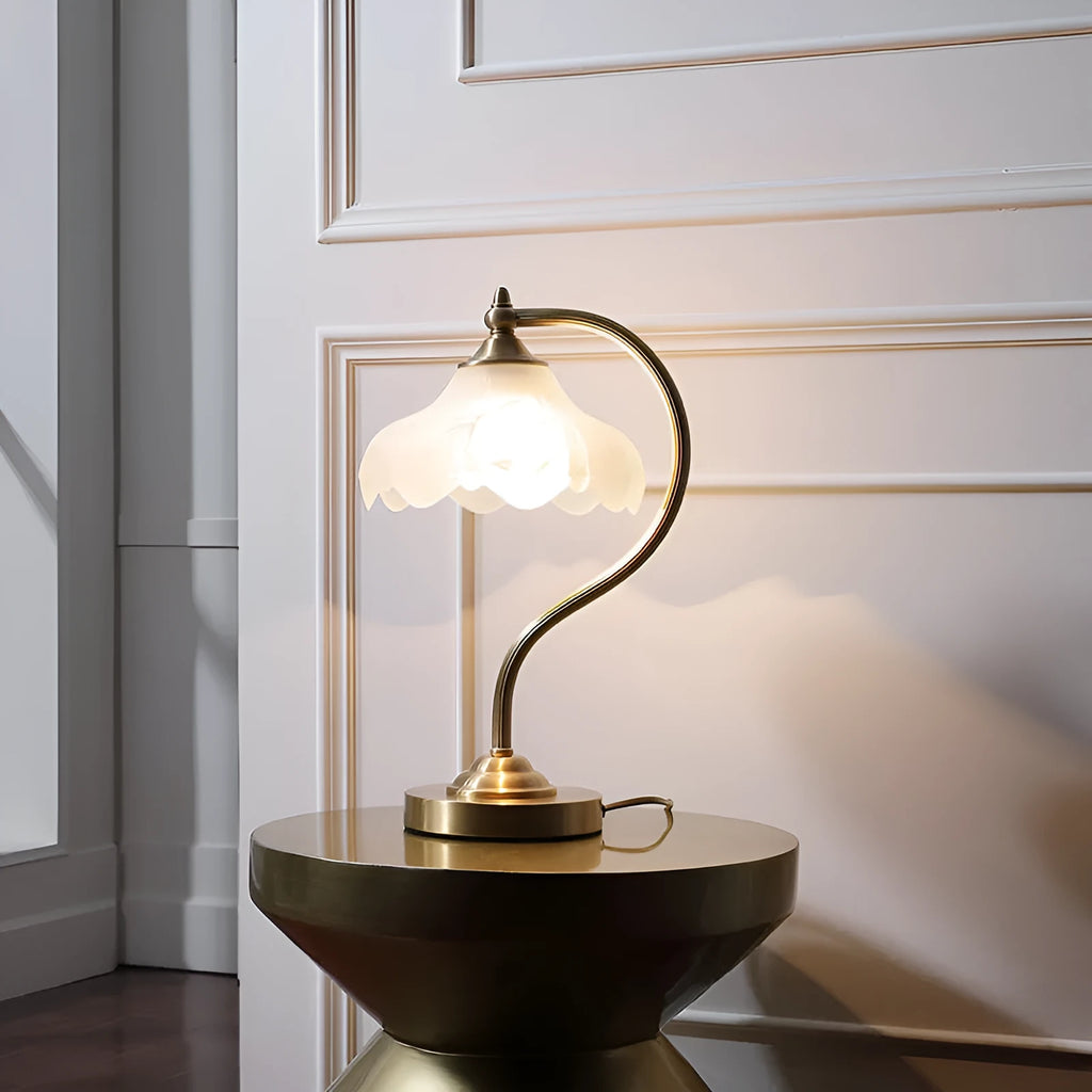 Gold copper and glass bedside table lamp, 23cm diameter and 42cm height, E27 fitting, 40W max