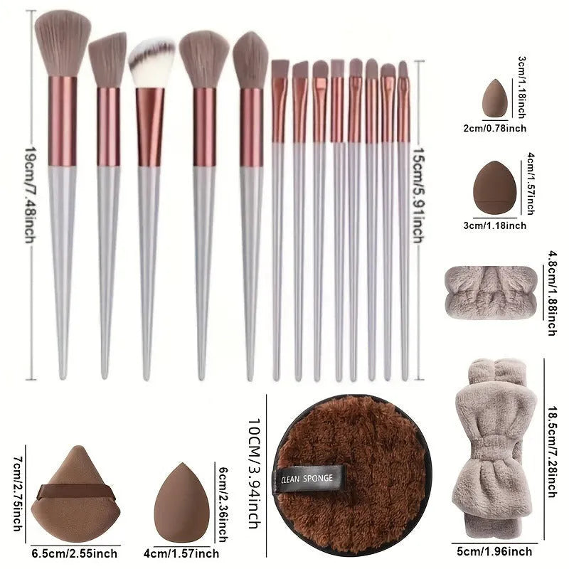 40-piece makeup tool set with beauty blender sponges and soft sponge puffs in coffee brown, pink, and purple