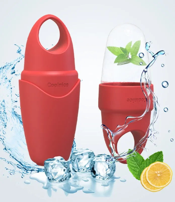 Face massage ice tray in pink with ice cubes for under eyes and clavicle