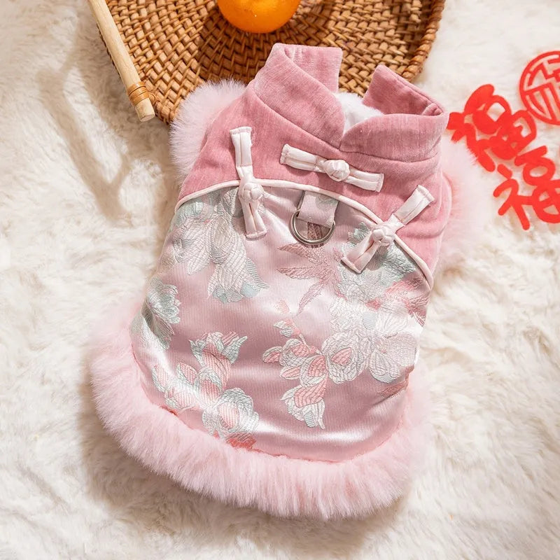 Chinese-style pet jacket with stand-up collar and festive prints in red or pink for small dogs and cats