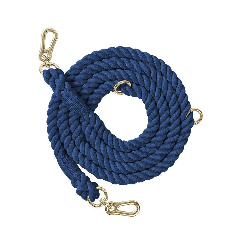 Woven rainbow double-ended dog lead with hand-held rope section in multiple colour options
