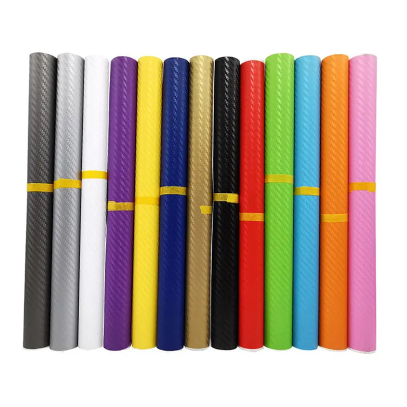 Roll of carbon fibre pattern vinyl sticker measuring 30cm wide, showing colour options for car decoration.