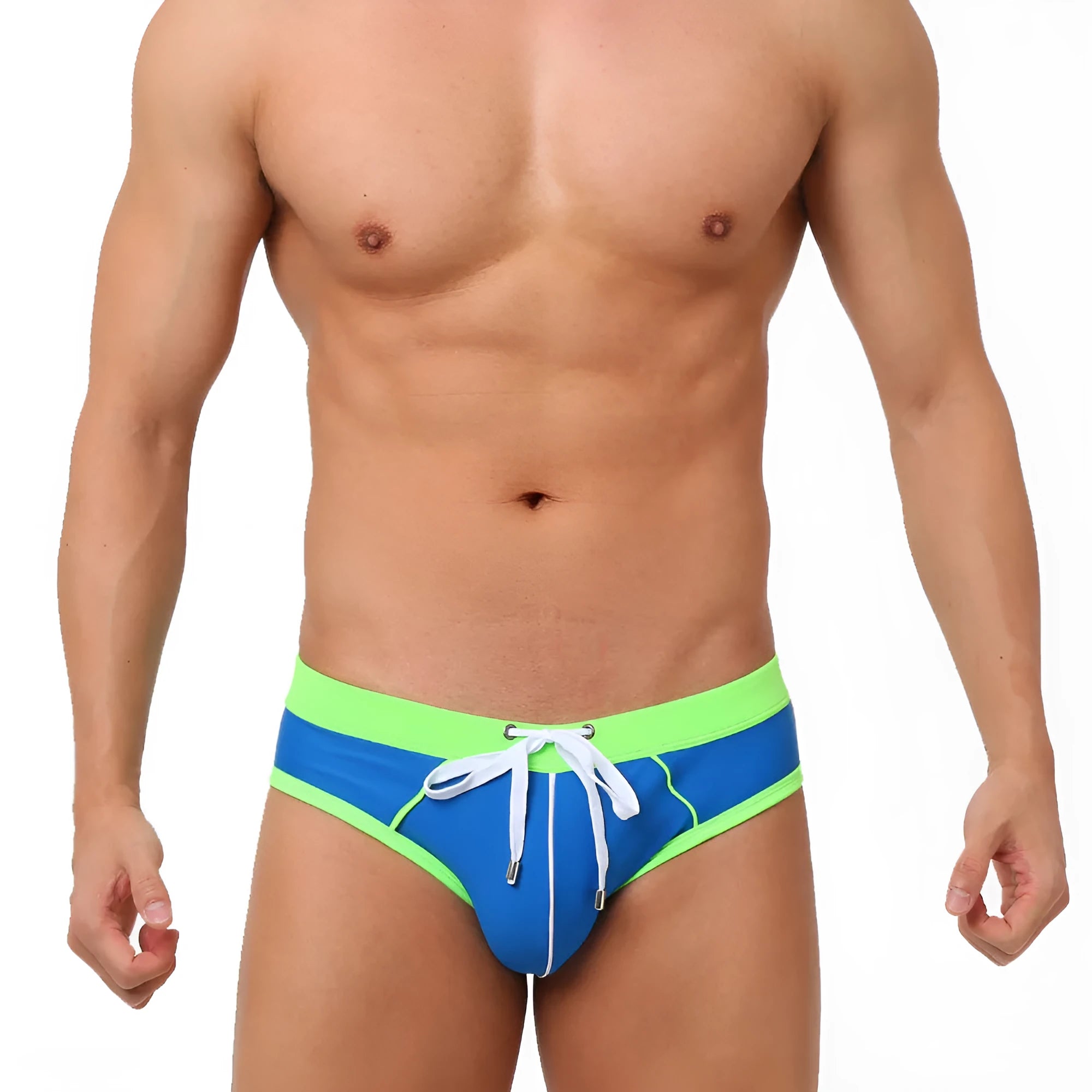 Nylon men's swim briefs in orange colour with elastic waistband, front view
