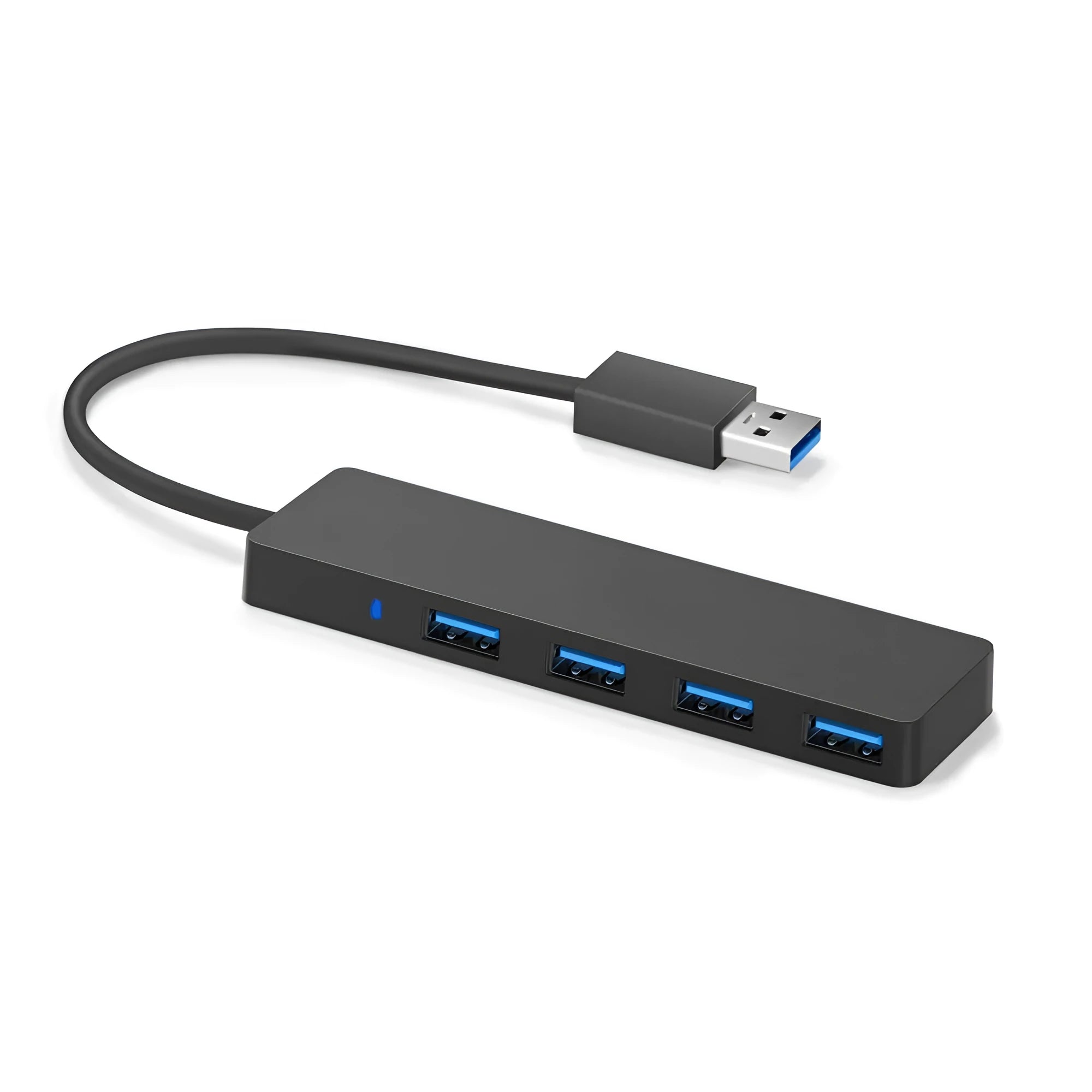Black USB 3.0 hub with four ports, LED indicators, and a 30 cm attached cable on a desk.