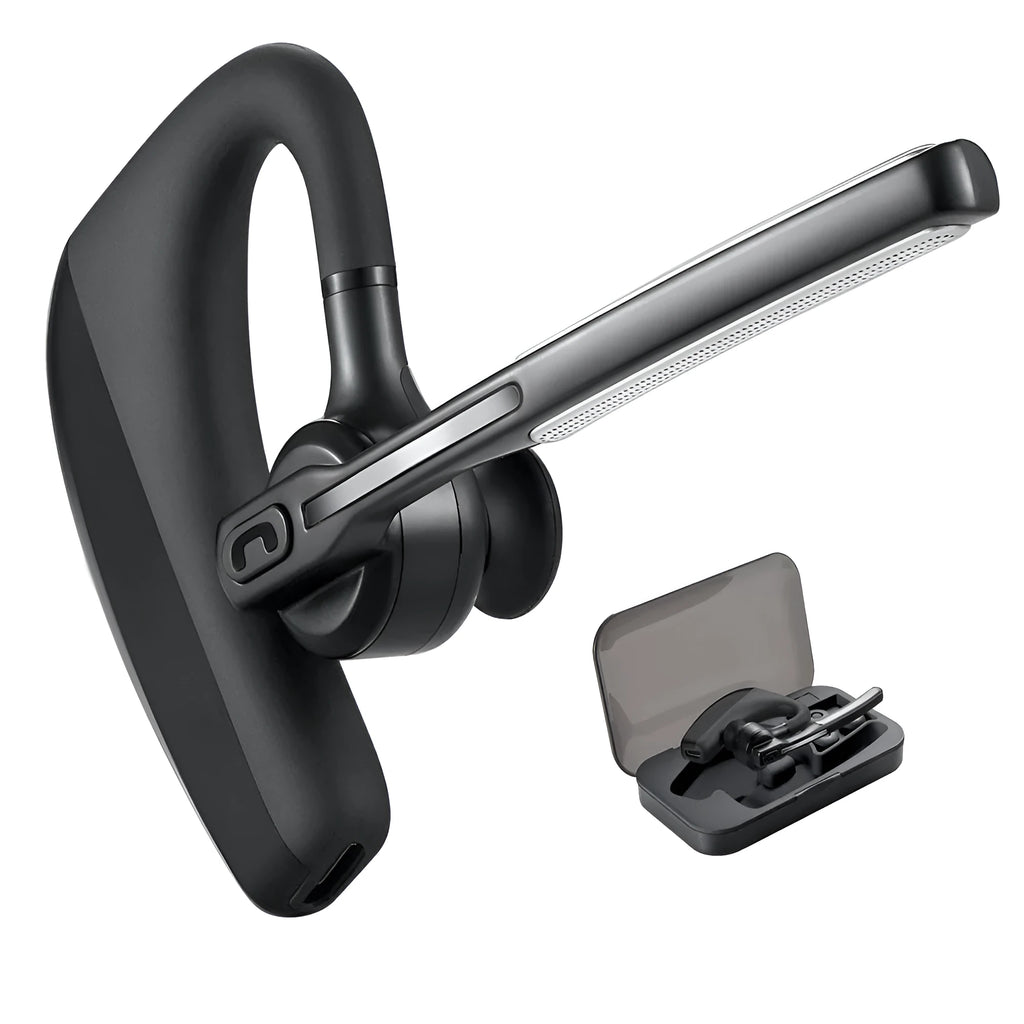 Black true wireless stereo Bluetooth earbuds with charging case on a white background.