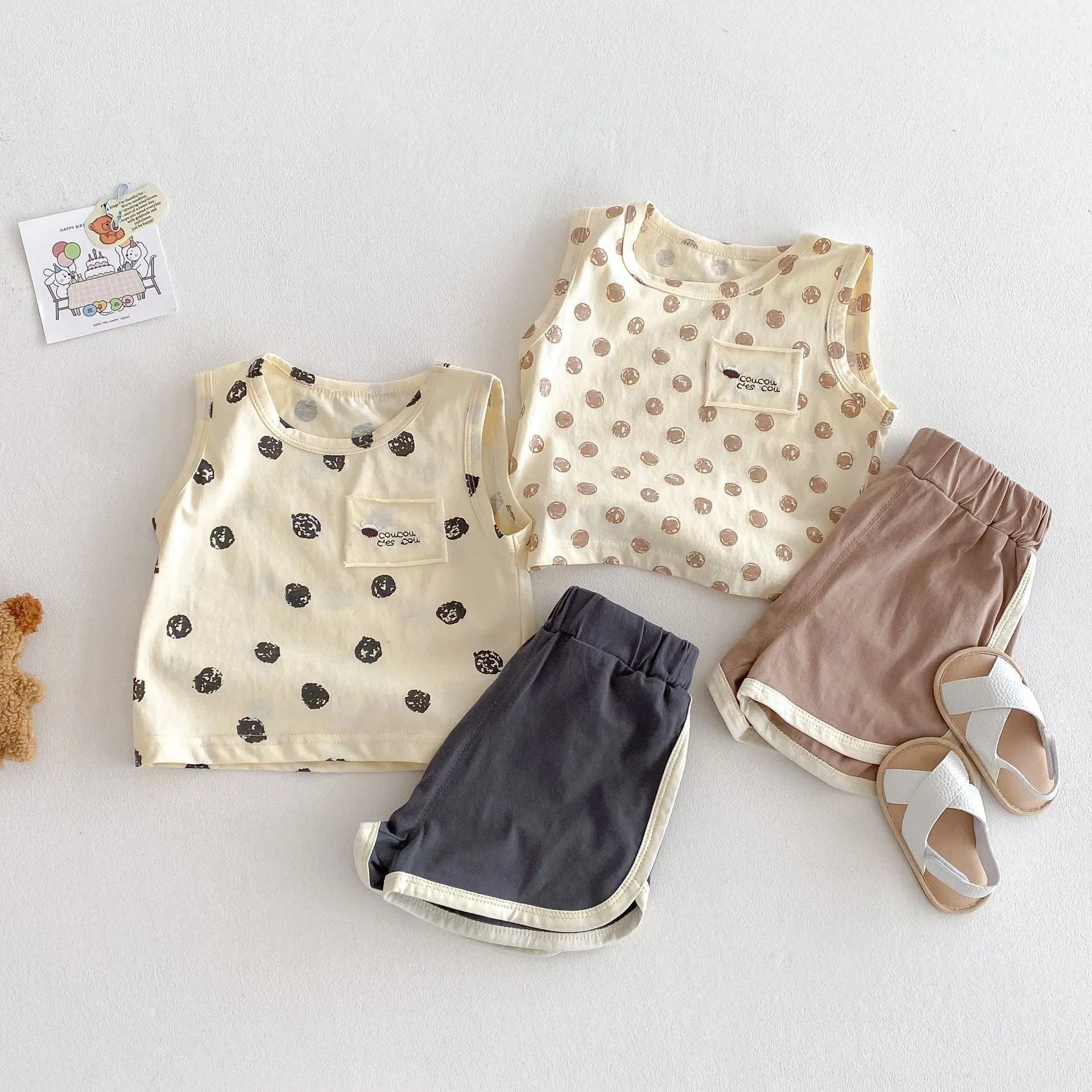 Cotton camisole and shorts two-piece set in brown and dark gray for children 73-120 cm tall