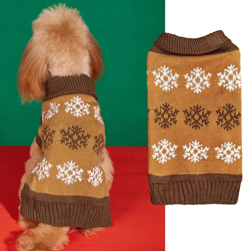 Dark brown and grey dog Christmas sweater with snowflake pattern for winter festive occasions