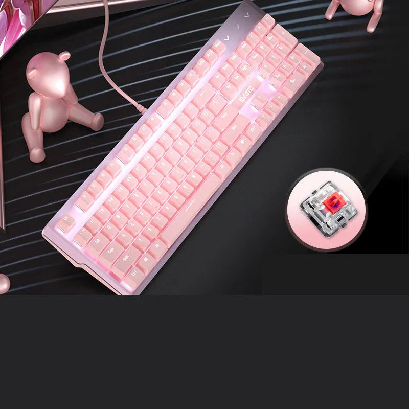 Pink coloured mechanical keyboard with 104 keys, showcasing choice of black, green, or red mechanical switches.