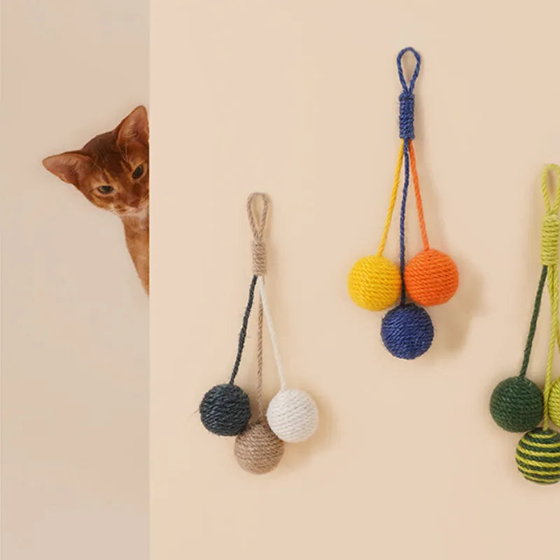 Cat toy set showing bite-resistant teaser wand and catnip ball in multiple colour variations