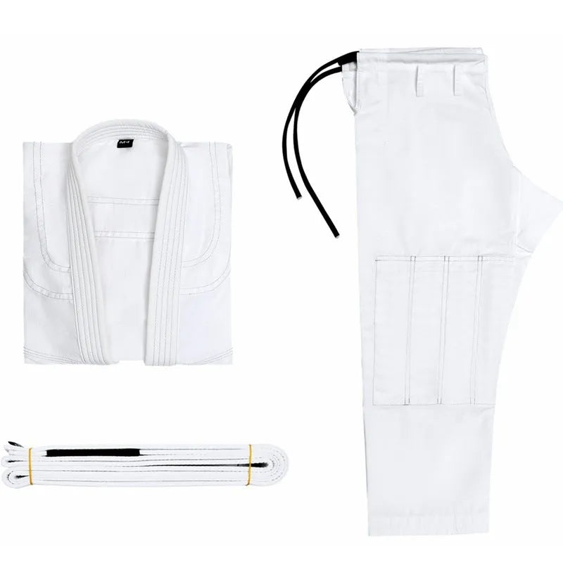 Thin cotton blend Brazilian Jiu Jitsu gi set on a mannequin, showing the jacket and trousers in a choice of five colours.
