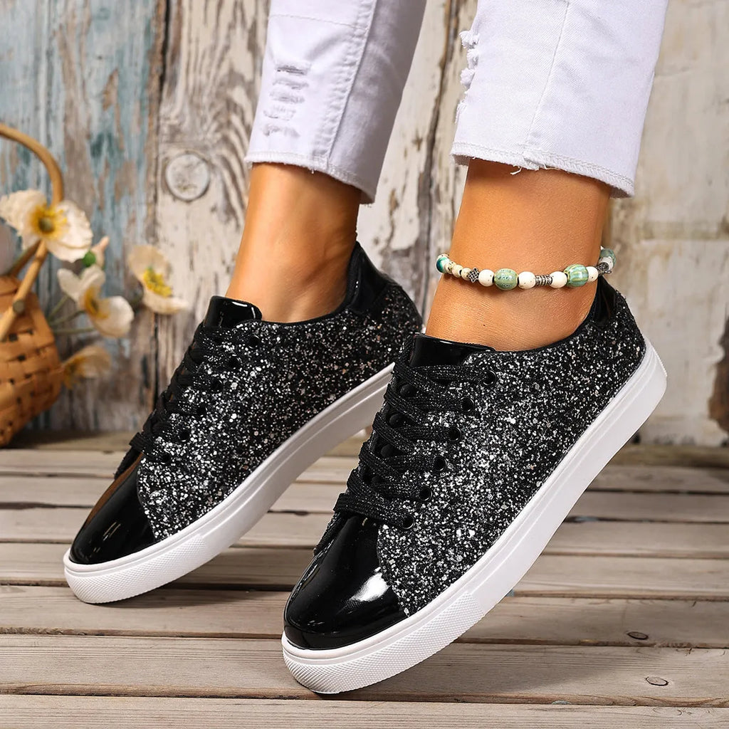 Women's plus size sequined lace-up board shoes in black, available in sizes 36 to 43