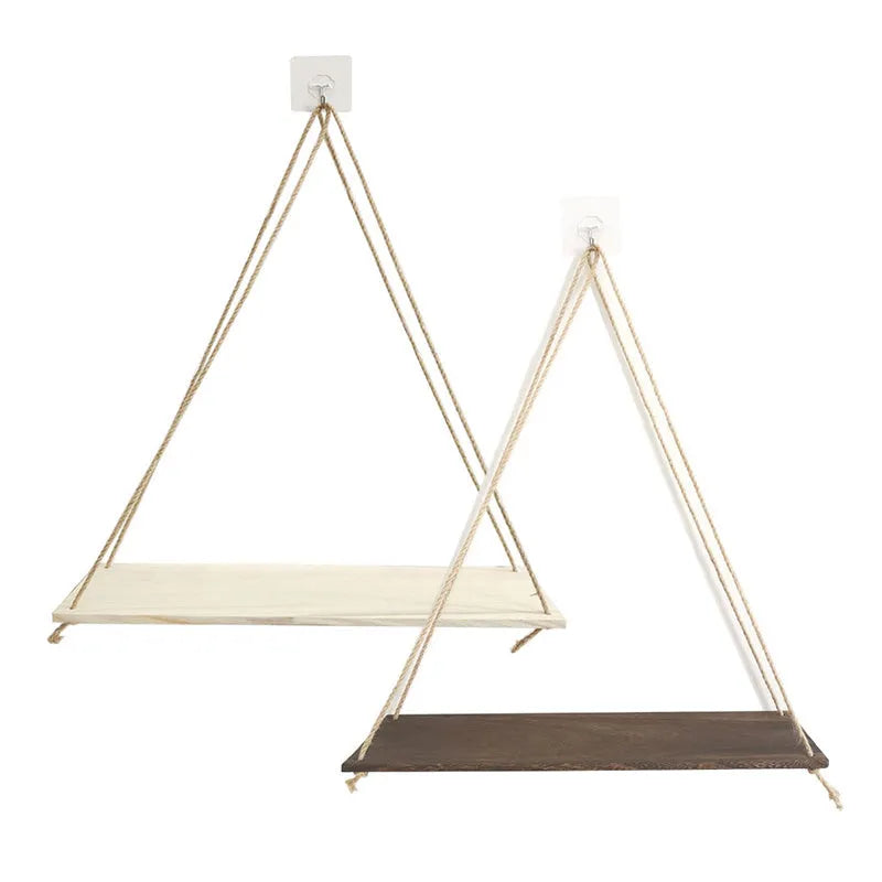Wooden swing wall-mounted shelf in black or white, small 35cm or large 45cm, with twine cord and hooks for plants and crafts.
